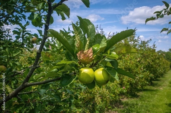 Obraz Branch bearing green apples with leaves in an orchard