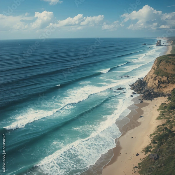 Fototapeta Aerial View of Sandy Beach, Ocean Waves, and Coastal Cliffs