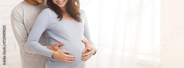 Fototapeta Happy pregnant couple hugging in front of the window at home, panorama with free space