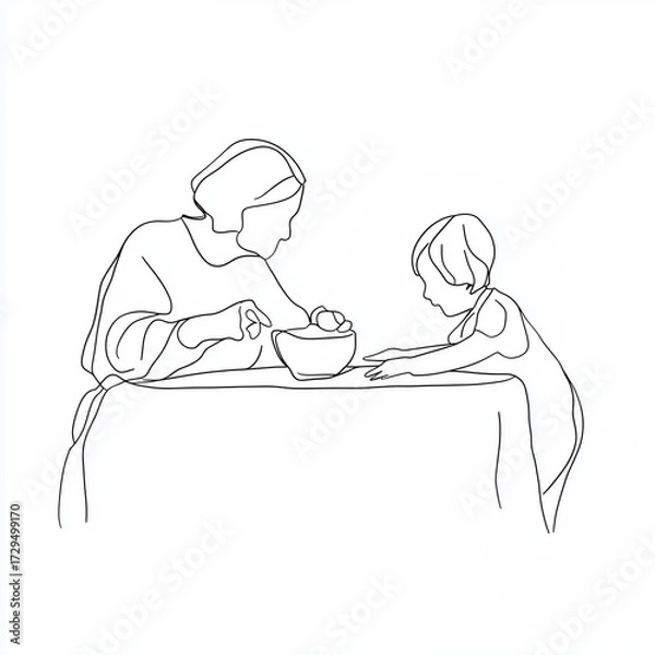 Obraz Grandmother teaching child to dye eggs at table for Easter  