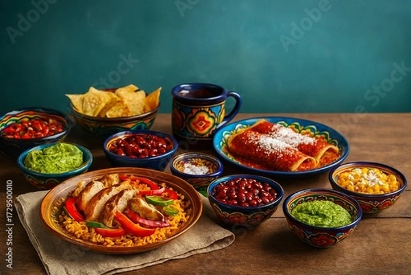 Obraz Bold Latin American meal styled on handcrafted ceramics with ample right-side space for advertising text.