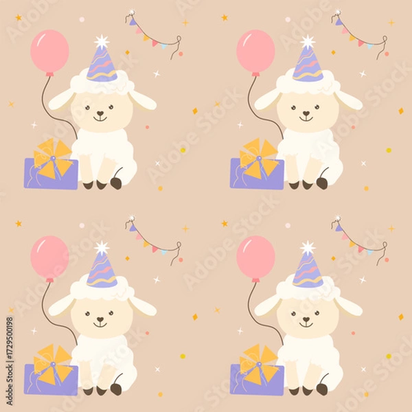 Fototapeta Seamless festive vector pattern featuring a cute lamb in a party hat with balloon, colorful gift box, bunting and confetti on a pastel background, perfect for holiday decor.