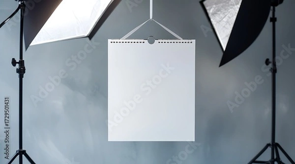 Fototapeta A professional photo of a minimalist office-style blank white calendar hanging on a light gray wall with a subtle texture, illuminated by a professional photography lighting setup with softbox lights.