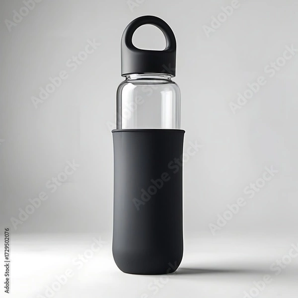 Fototapeta Photo of a sleek reusable glass water bottle with a durable black silicone sleeve and a matching black cap, placed upright on a pure white background.