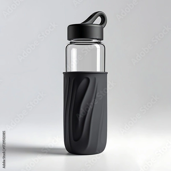 Fototapeta A photo of a sleek reusable glass water bottle with a durable black silicone sleeve and a matching black cap, placed upright on a pure white background.