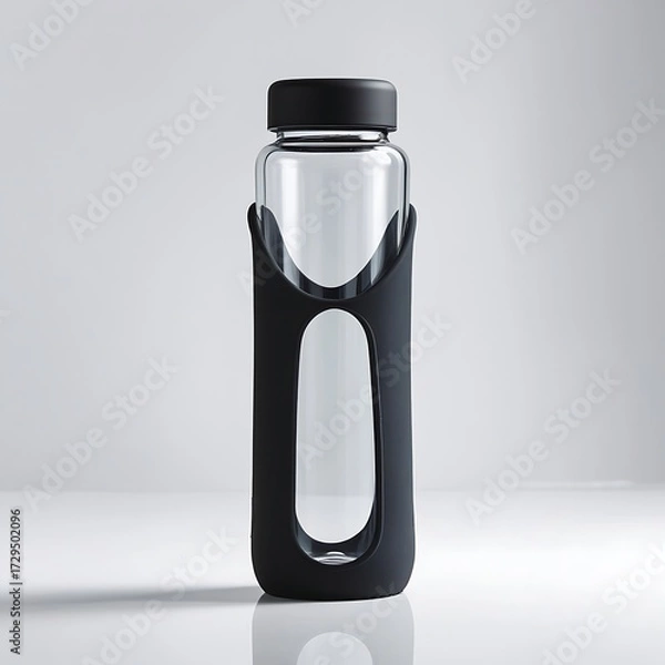 Fototapeta A professional photo of a sleek reusable glass water bottle with a durable black silicone sleeve and a matching black cap, placed upright on a pure white background.