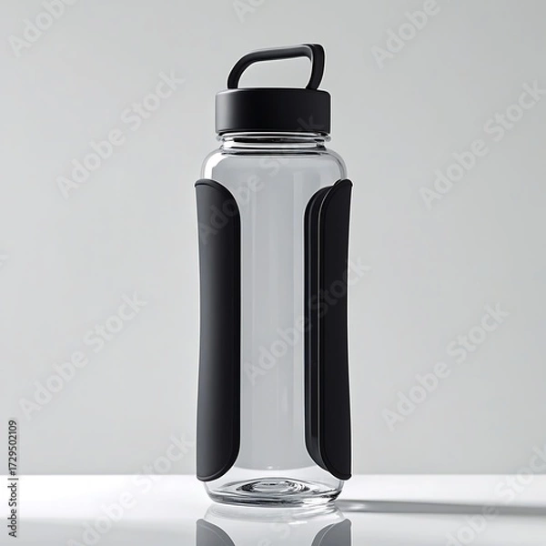 Fototapeta professional photo of a sleek reusable glass water bottle with a durable black silicone sleeve and a matching black cap, placed upright on a pure white background.