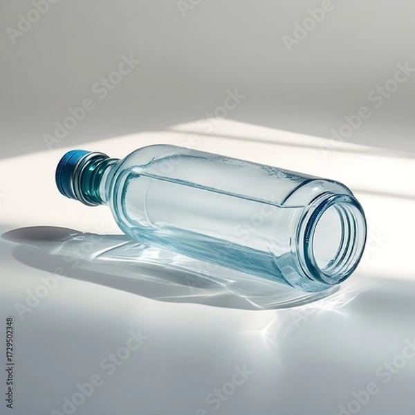 Fototapeta A photo of a transparent glass water bottle lying horizontally on a pristine white surface with the cap visible and slightly turned to reveal its threading, minimal subtle shadows.
