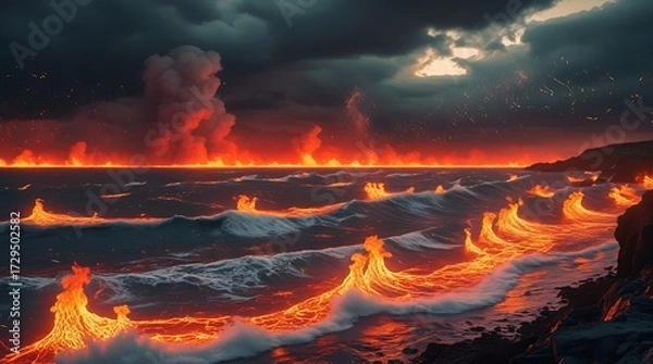 Fototapeta Photo of vast turbulent waves of fiery flames replacing ocean water, glowing deep red horizon with intense orange undertones, sparks and embers flying in stormy dark skies.