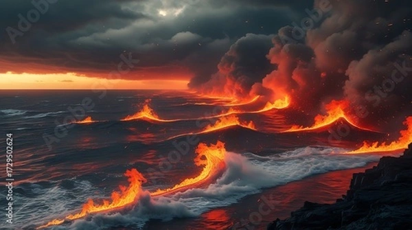Fototapeta A photo of vast turbulent waves of fiery flames replacing ocean water, glowing deep red horizon with intense orange undertones, sparks and embers flying in stormy dark skies.