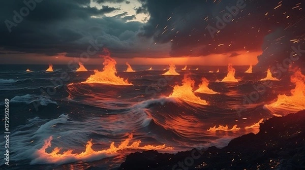 Fototapeta A professional photo of vast turbulent waves of fiery flames replacing ocean water, glowing deep red horizon with intense orange undertones, sparks and embers flying in stormy dark skies.