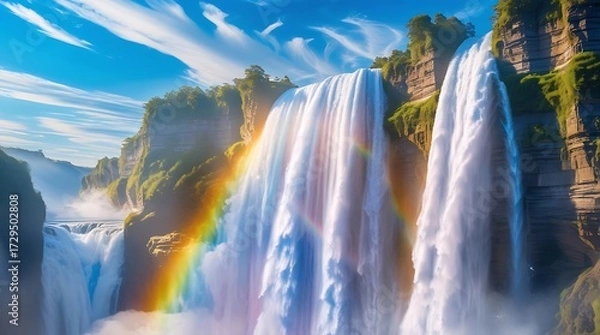 Fototapeta A professional photograph of a colossal waterfall appearing to defy gravity, with water cascading upward into the sky, sunlight refracting into vibrant rainbow-like colors.