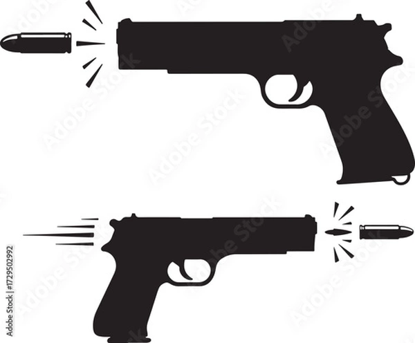Fototapeta Two black pistol silhouettes firing bullets isolated on white background silhouette