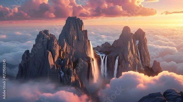 Fototapeta professional photography of enormous rugged rocky peaks suspended high above a sea of fluffy white clouds, several waterfalls cascading down from the peaks and mysteriously disappearing into the air.