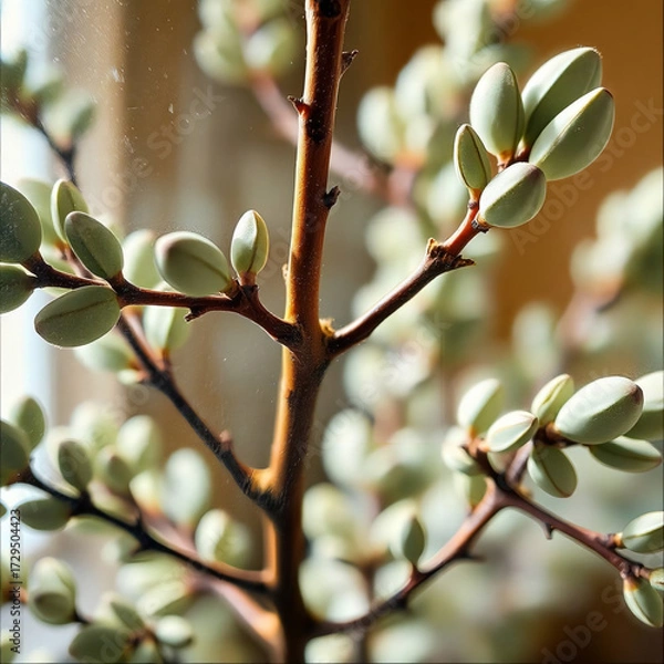 Fototapeta Brown Branches with Green Buds Close-up