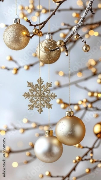 Fototapeta A minimalist vertical wallpaper of golden Christmas baubles and snowflakes hanging from a branch against a clean background.