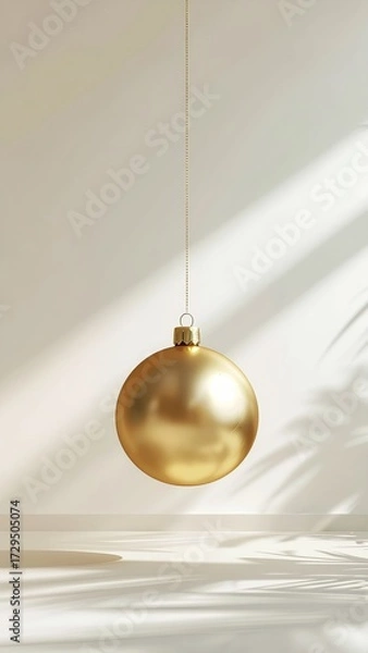 Fototapeta A minimalist Christmas poster featuring a single golden bauble on a beige surface with a strong, natural shadow play.