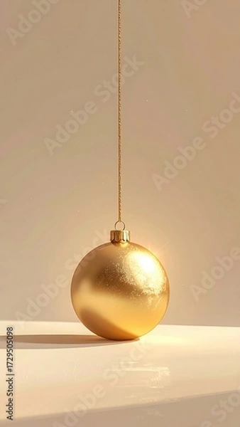 Fototapeta n elegant and minimalist vertical poster of a single golden Christmas bauble hanging against a neutral background.