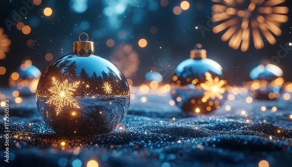 Fototapeta A cinematic 3D render for a New Year's party, featuring Christmas baubles, fireworks, and a futuristic landscape.