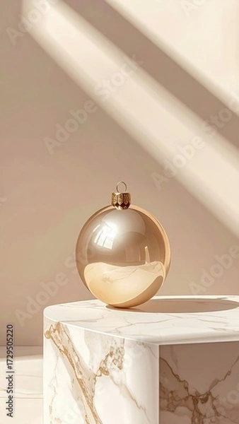 Fototapeta An ultra-stylish Christmas poster with a golden bauble on a marble podium, creating a strong architectural shadow.