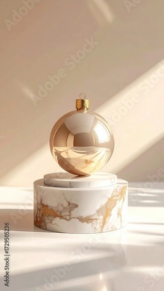 Fototapeta An ultra-stylish and minimalist poster of a single golden Christmas bauble on a podium with soft, clean shadows.
