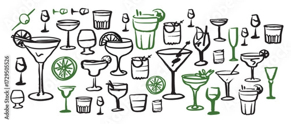 Fototapeta Isolated vector set of wine and alcoholic beverage glasses and tumblers. Hand drawn sketch.Red and black drawing on white background.Cocktails, martini, whiskey, cognac, vodka, gin tonic, beer, brandy