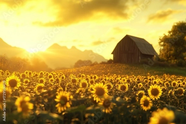 Obraz Sunflowers field glowing in golden sunlight