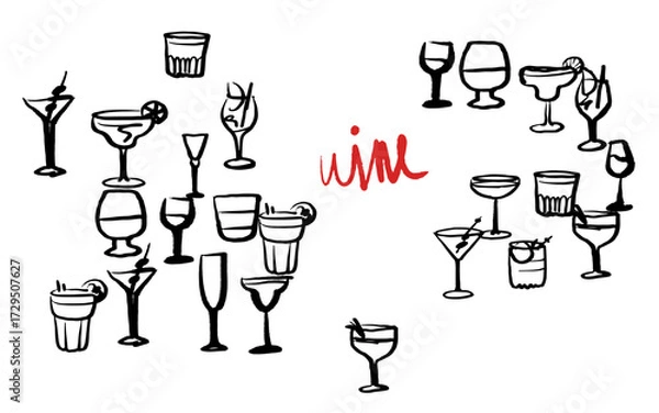 Fototapeta Isolated vector set of wine and alcoholic beverage glasses and tumblers. Hand drawn sketch.Red and black drawing on white background.Cocktails, martini, whiskey, cognac, vodka, gin tonic, beer, brandy