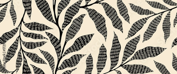 Fototapeta Abstract art vintage colors tropical line art leaves seamless background vector. Wallpaper design with leaves shapes and scribble doodle linear leaf. vintage botanical floral seamless pattern