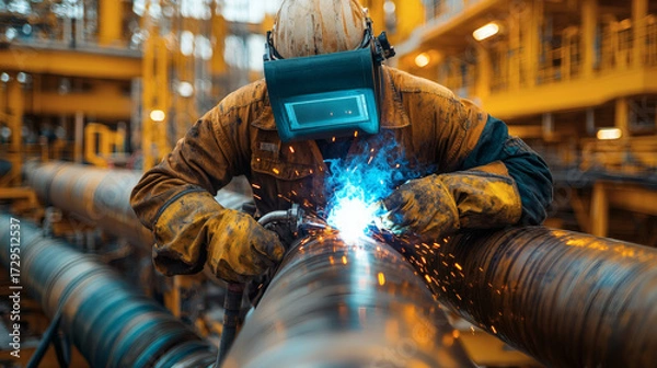 Obraz Worker welding pipes offshore platform