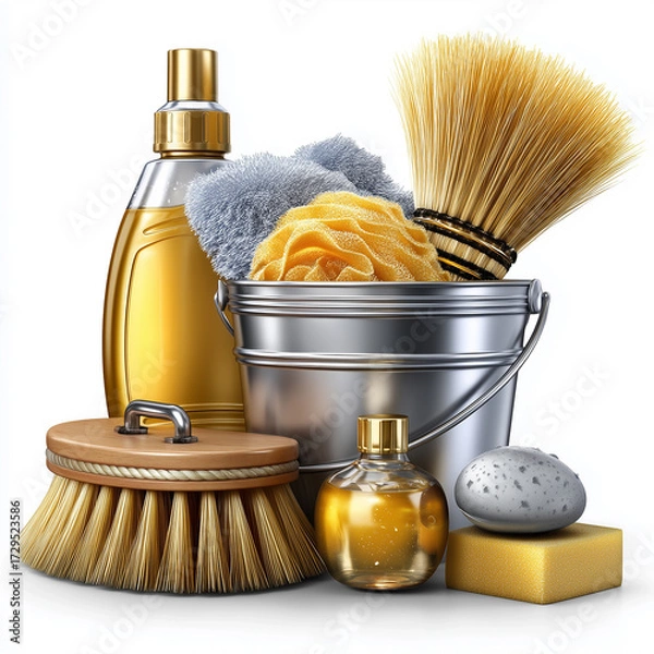 Fototapeta Collection of cleaning and spa items, including a broom, brushes, sponges,  metal bucket, and soap dispenser.
