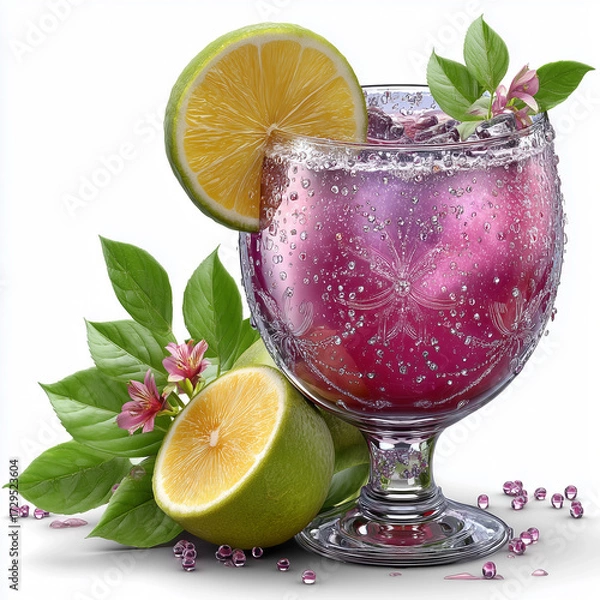 Fototapeta Cocktail in glass filled with ice and bubbly amber liquid, garnished with lime slices and fresh mint leaves, on white background.