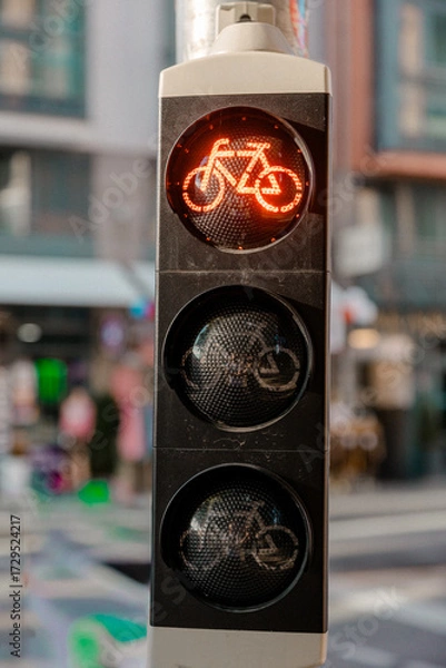 Fototapeta Red bicycle traffic light signal in a city, symbolizing urban cycling safety and modern infrastructure