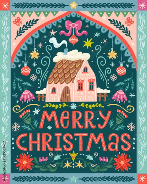 Obraz Merry Christmas greeting card, folk art. Vector house, lettering, floral elements, snowflakes, and ornaments.