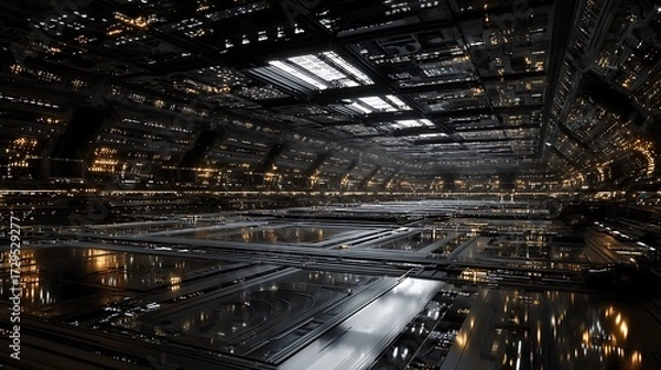 Fototapeta Large tunnel of huge data center with amazing lightning background 