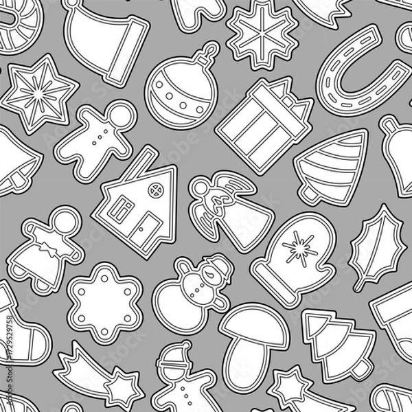Fototapeta Seamless vector pattern with gingerbread cookies in holiday shapes. Festive Christmas background with traditional baked sweets outline for winter celebration and decoration design.