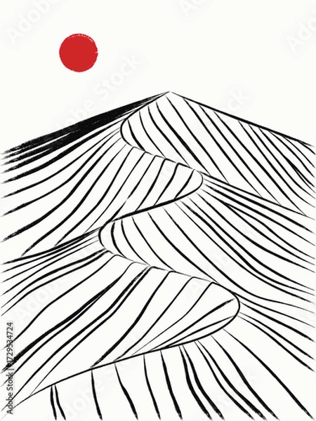Obraz Ink landscape with red sun. Geometric striped mountains. Sumi-e style