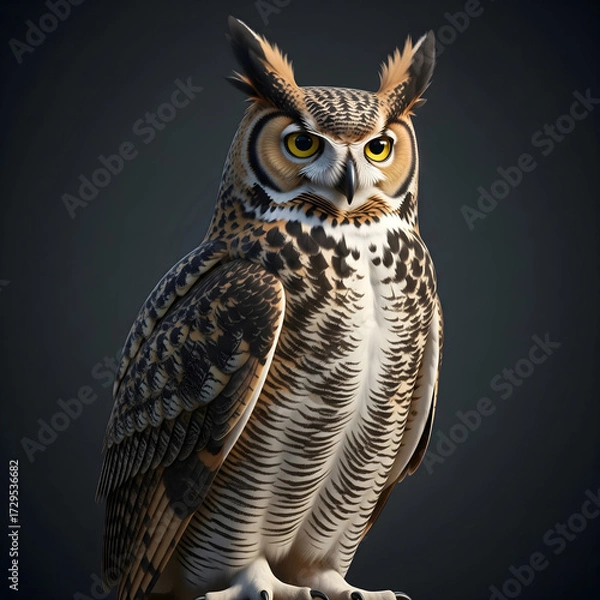 Obraz A Great Horned Owl is captured in a detailed, full-body portrait, standing with its feathered ear tufts up and intense yellow eyes staring directly ahead. Generative AI.