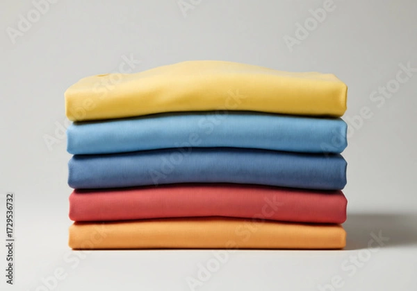 Obraz A centered, horizontal stack of five neatly folded garments or textiles in a gradient of warm and cool colors is set against a solid light gray background. Generative AI.
