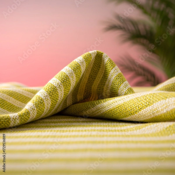 Obraz A close-up of folded lime green and white striped fabric rests against a pink background with a blurred green palm frond visible. Generative AI.