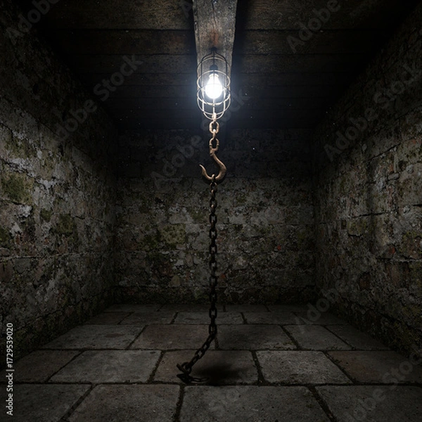 Fototapeta Chain hangs from a lamp in a dark basement with moss-covered stone walls