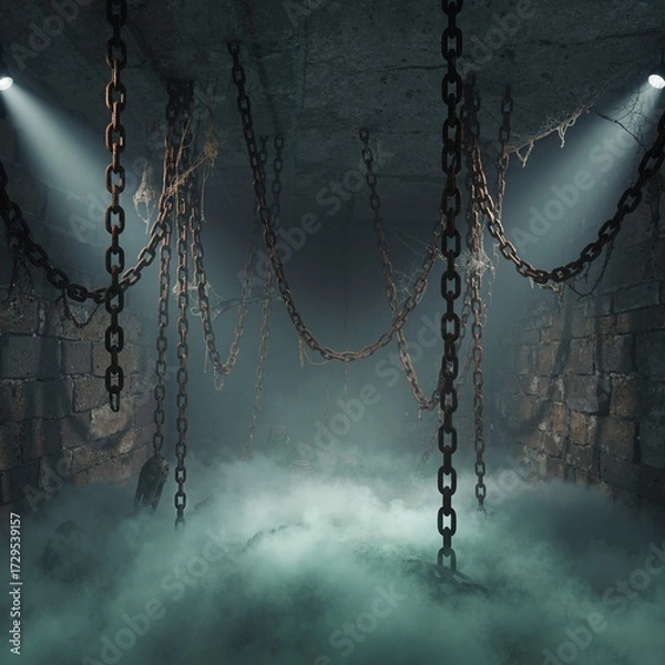 Fototapeta Dark basement with rusty chains and thick fog obscuring the results of mysterious experiments. An atmospheric setting for horror, fantasy, and games. Dramatic lighting