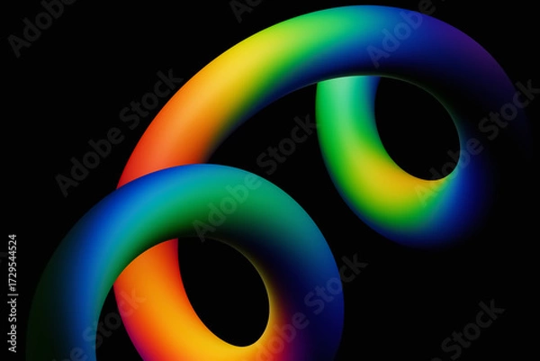 Fototapeta Cyan and green twin loops — glossy gradient ribbons on black