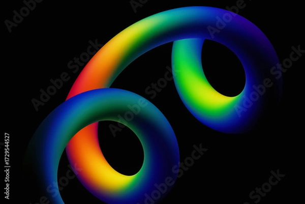 Fototapeta Dual rainbow spiral loops — glossy neon ribbons on black