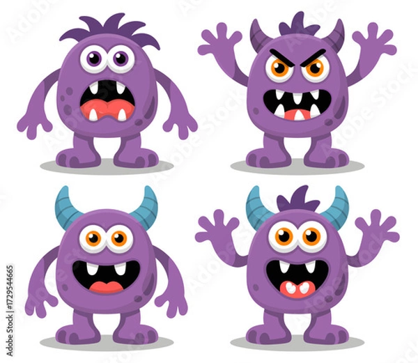 Fototapeta A collection of four cute purple cartoon monsters showing various emotions like happiness, anger, and surprise on a white background.