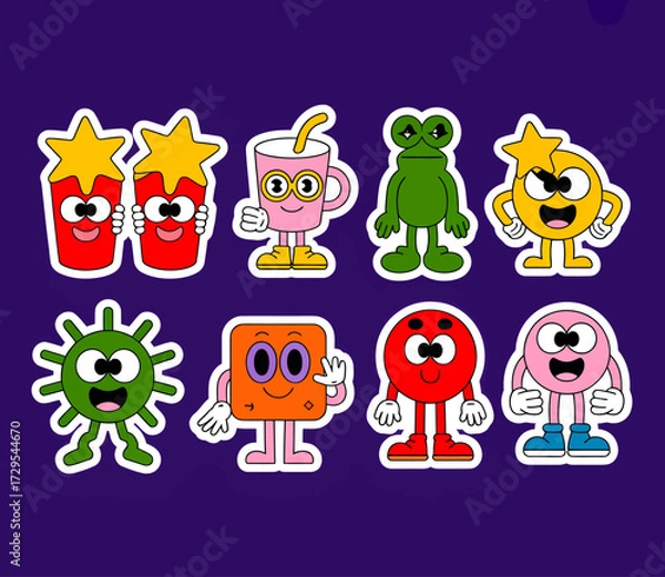 Fototapeta A collection of eight cartoon characters with a retro, groovy aesthetic, set against a dark purple background.