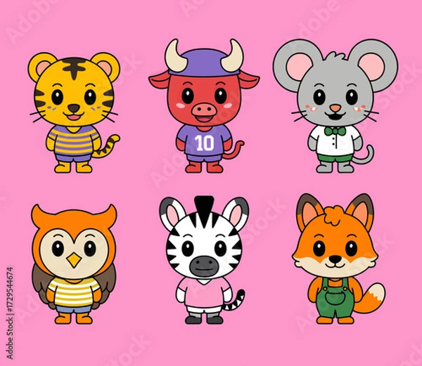 Fototapeta A collection of six cute, stylized cartoon animals including a tiger, bull, mouse, owl, zebra, and fox, all wearing clothes on a pink background.