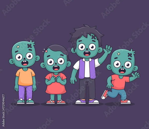 Fototapeta Illustration of a group of cartoon zombies with green skin and various outfits, standing together.