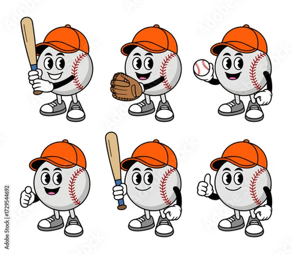 Fototapeta A set of six cartoon baseball characters in various poses, each holding a bat, glove, or ball, and wearing an orange cap.