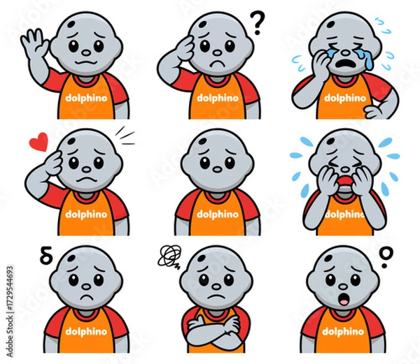Fototapeta Grey dolphin mascot character displaying a range of negative emotions and confused states in nine different poses.